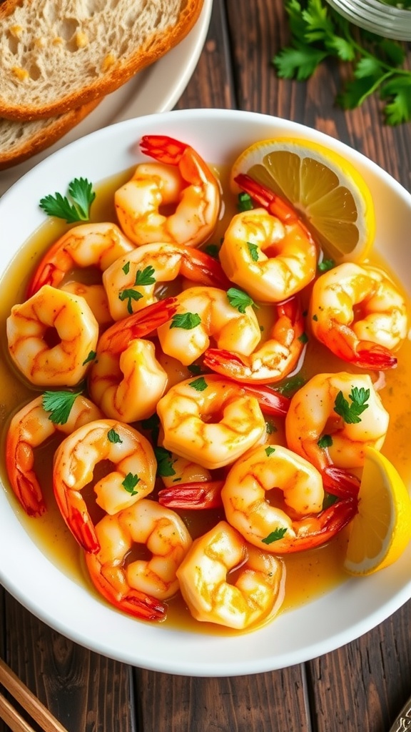 Plated garlic butter shrimp with parsley and lemon wedges on a rustic wooden table.